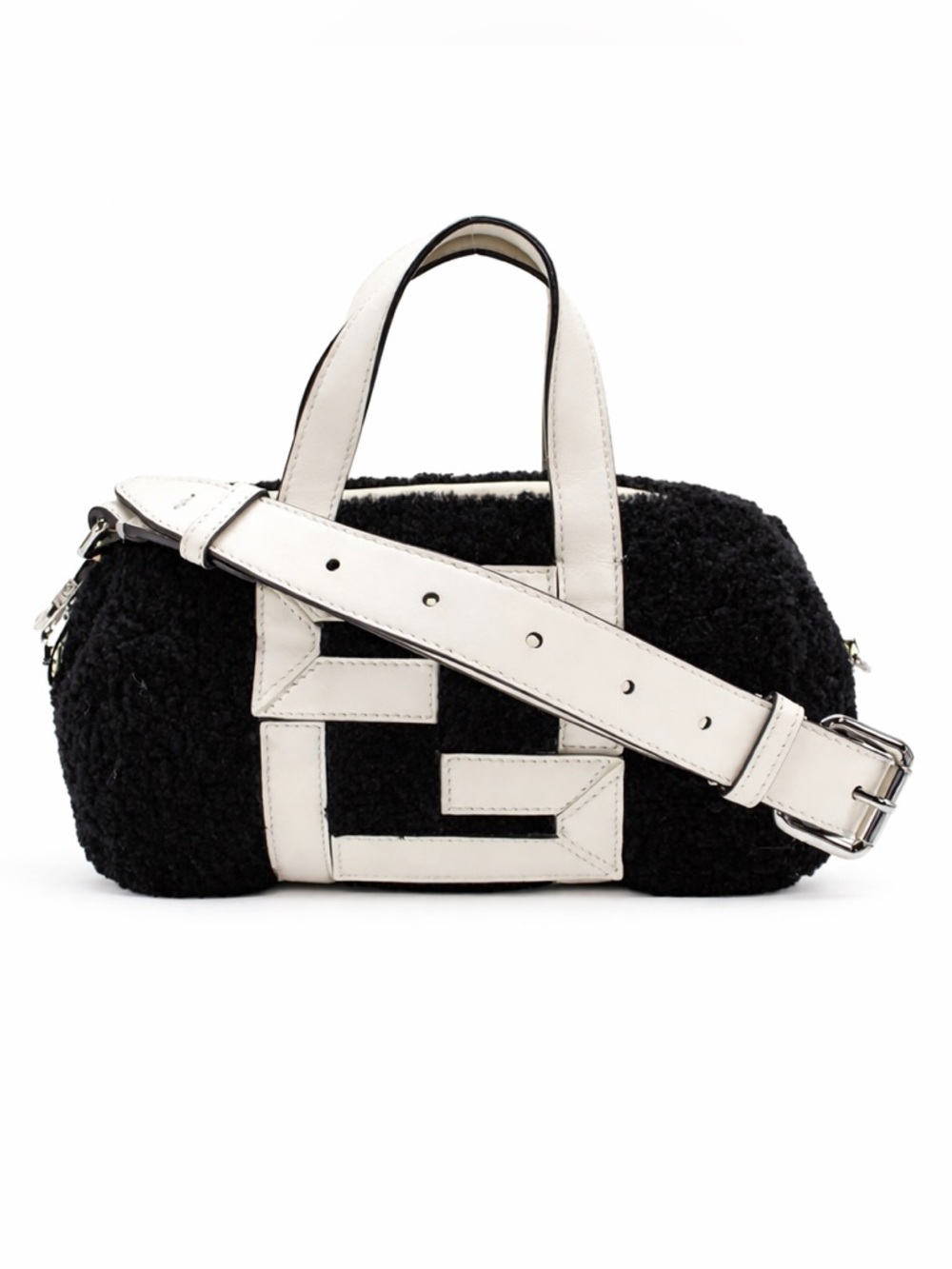 Fendi Black & White Small Shearling Crossbody Shoulder Bag AUTHENTIC